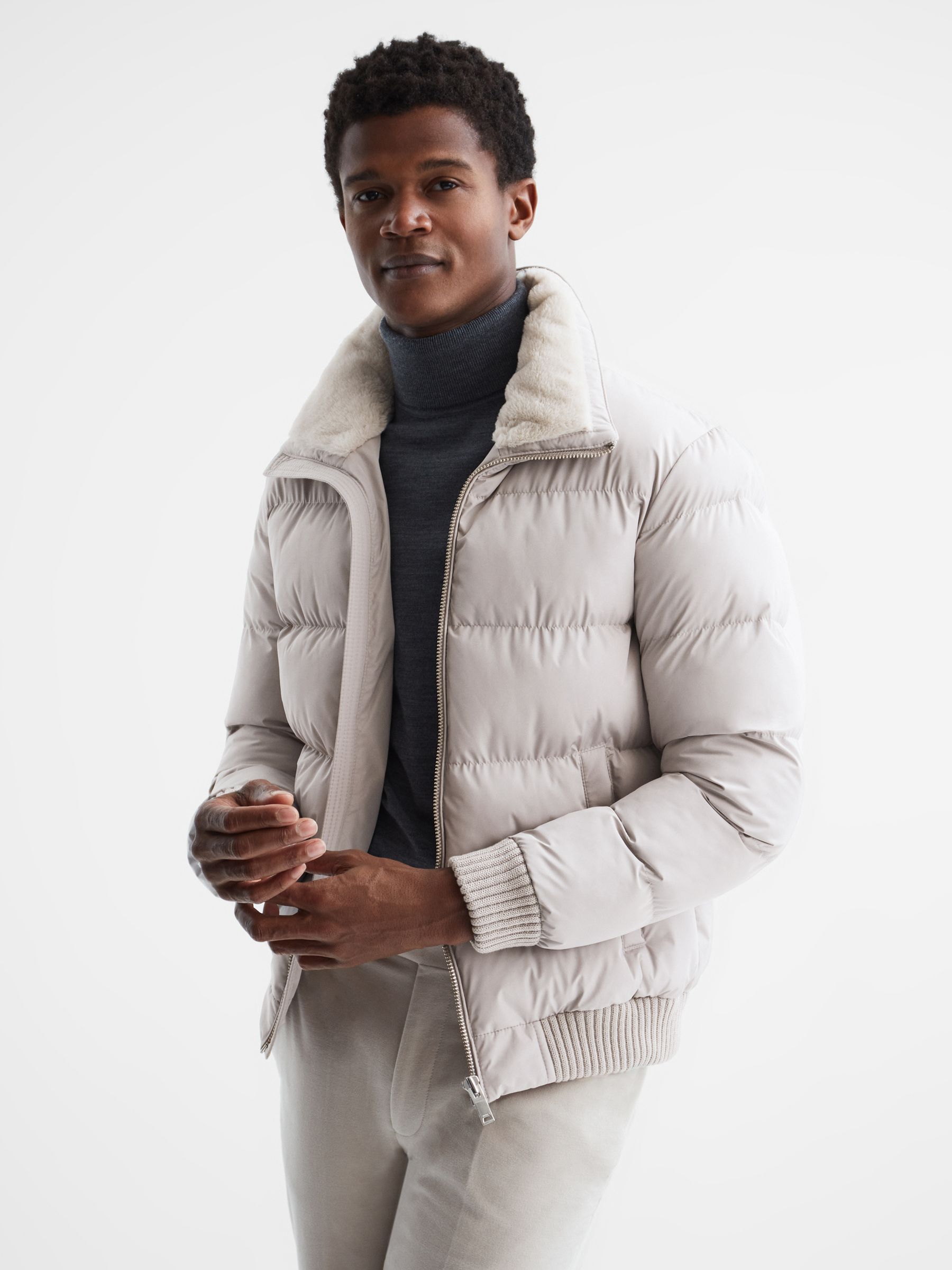 Reiss Frost Faux Fur Trim Puffer Jacket | REISS Australia