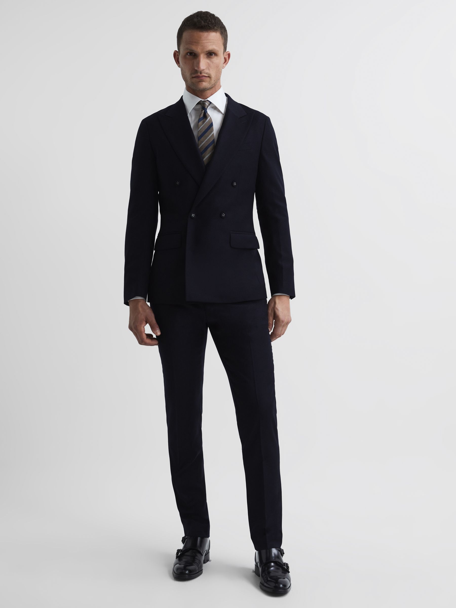 Navy Double Breasted Wool Blend Blazer in Navy - REISS