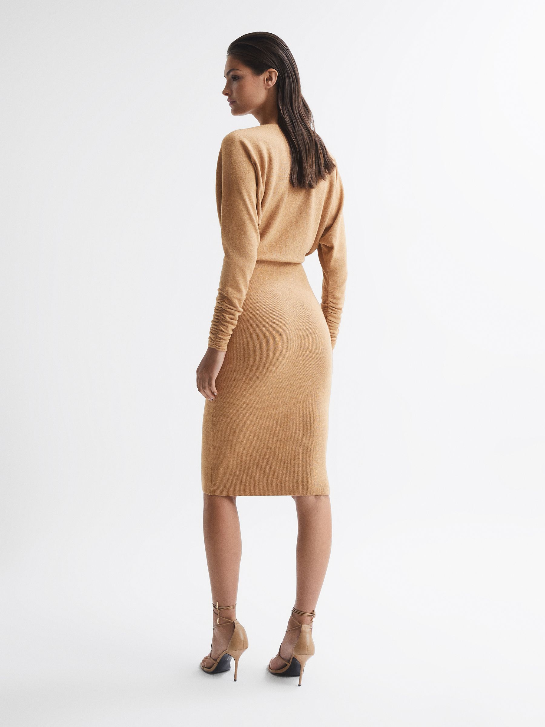 Wool Blend Ruched Sleeve Midi Dress in Camel - REISS