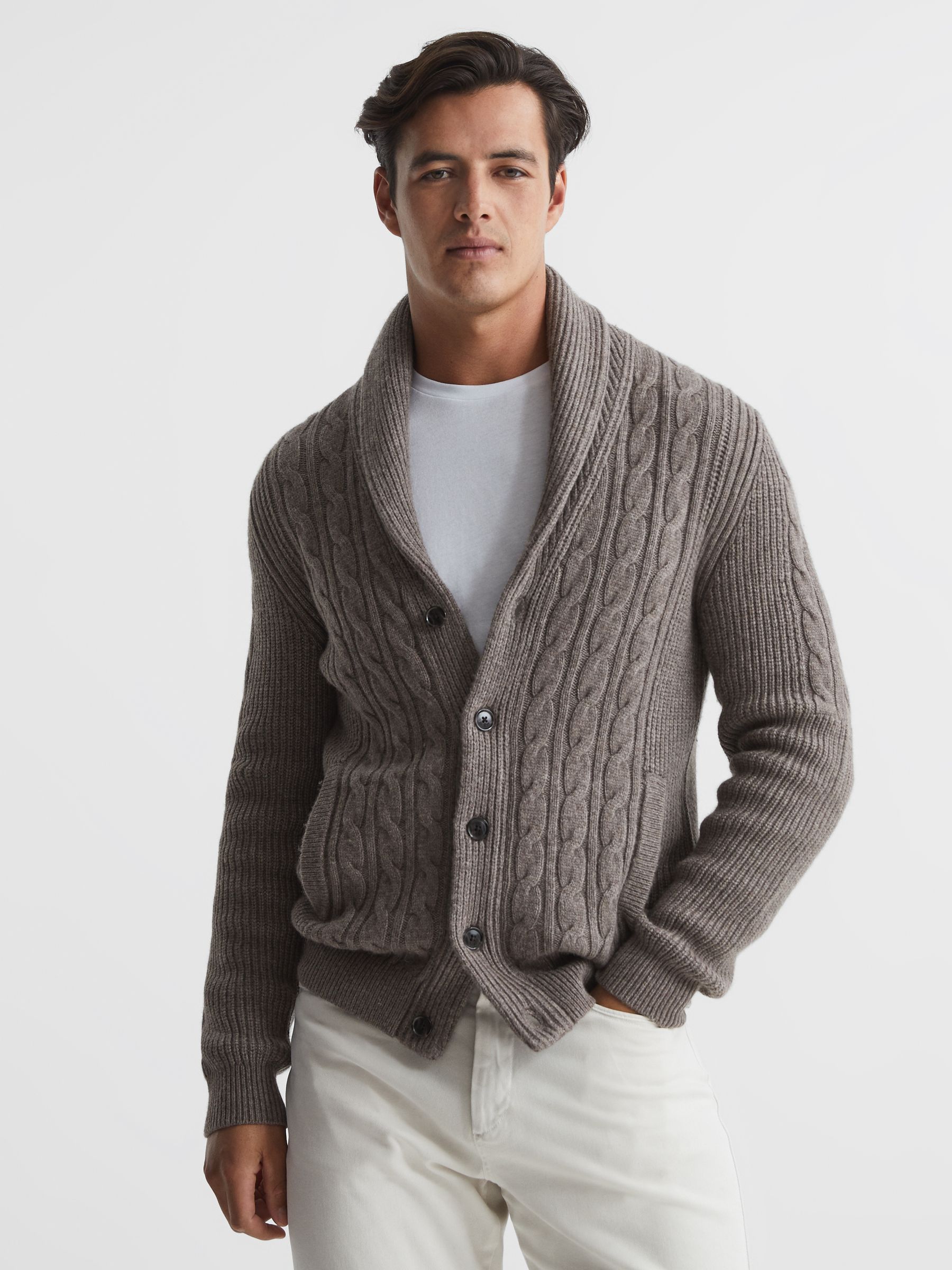 Reiss Romash Shawl Collar Cable Knit Wool Cashmere Cardigan | REISS USA