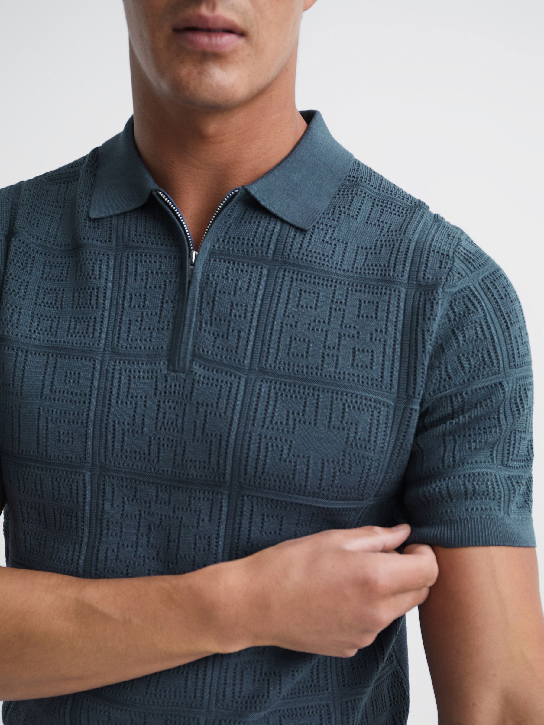 Reiss Mosaic Half Zip Textured Polo Shirt - REISS