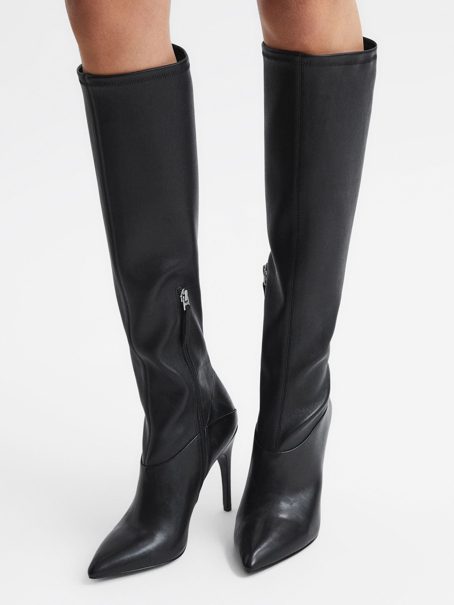 Knee High Leather Boots in Black - REISS