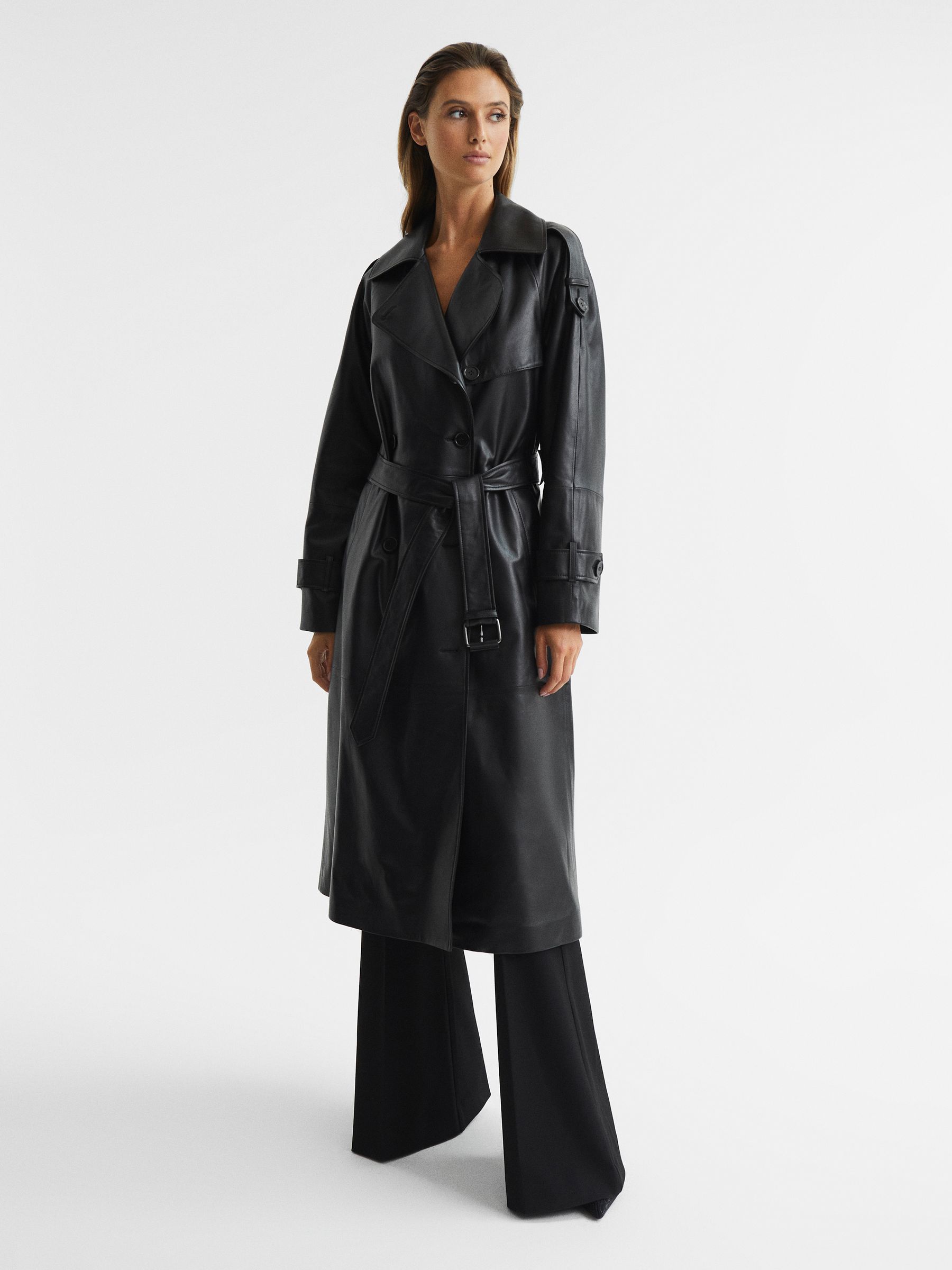 Leather Trench Coat in Black - REISS