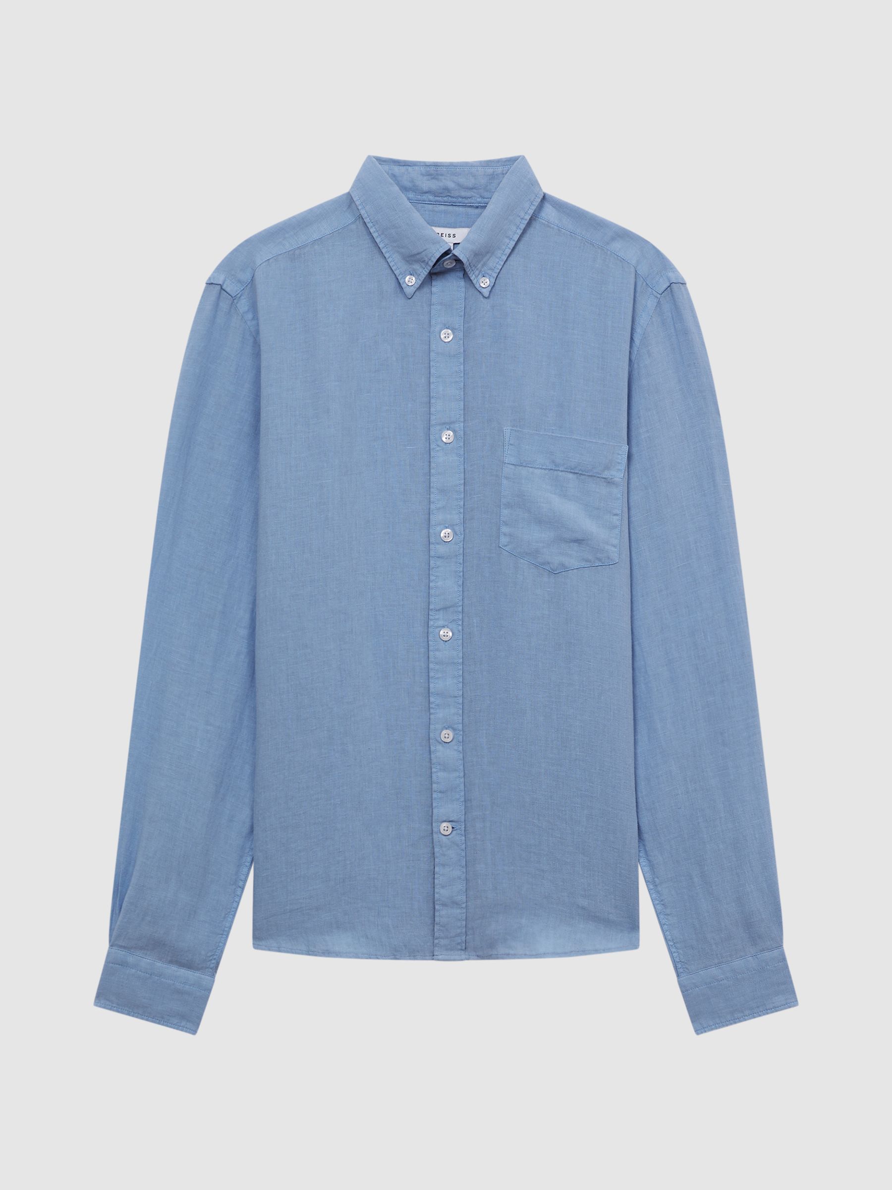 Regular Fit Button Down Linen Shirt in Powder Blue - REISS
