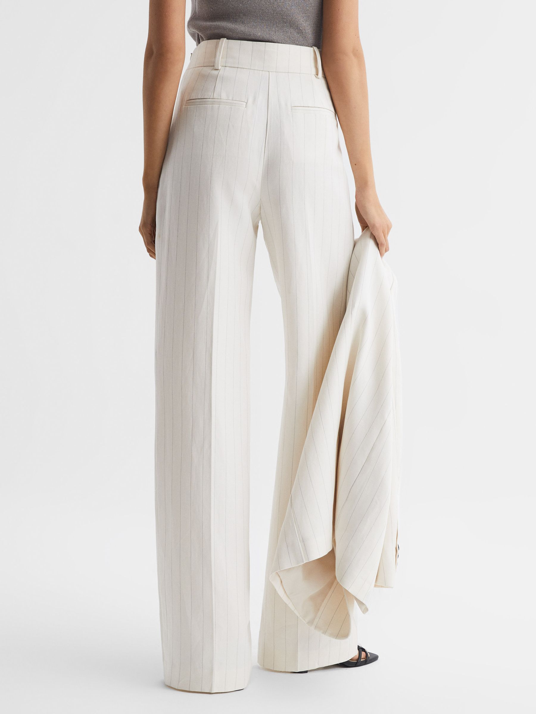 Wide Leg High Rise Pinstripe Trousers in White - REISS
