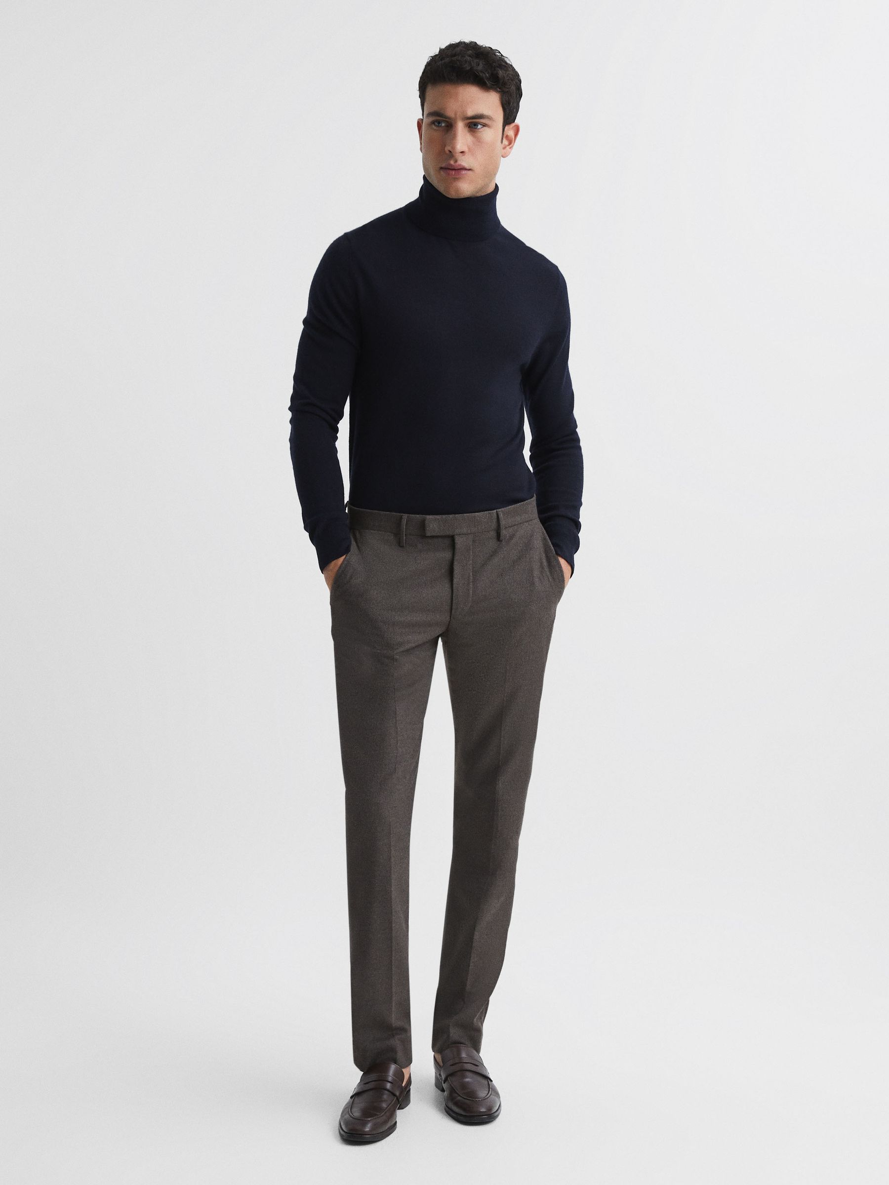 Slim Fit Merino Wool Roll Neck Jumper in Navy - REISS