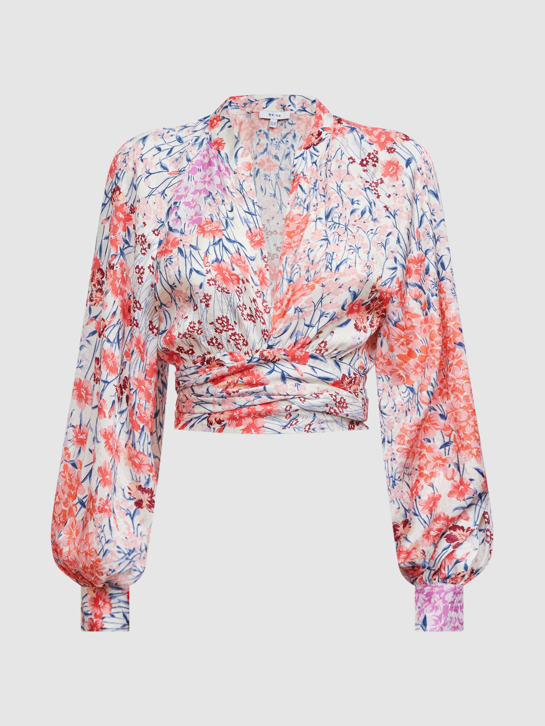 Reiss Elle Floral Print Tie Front Cropped Blouse | REISS Australia