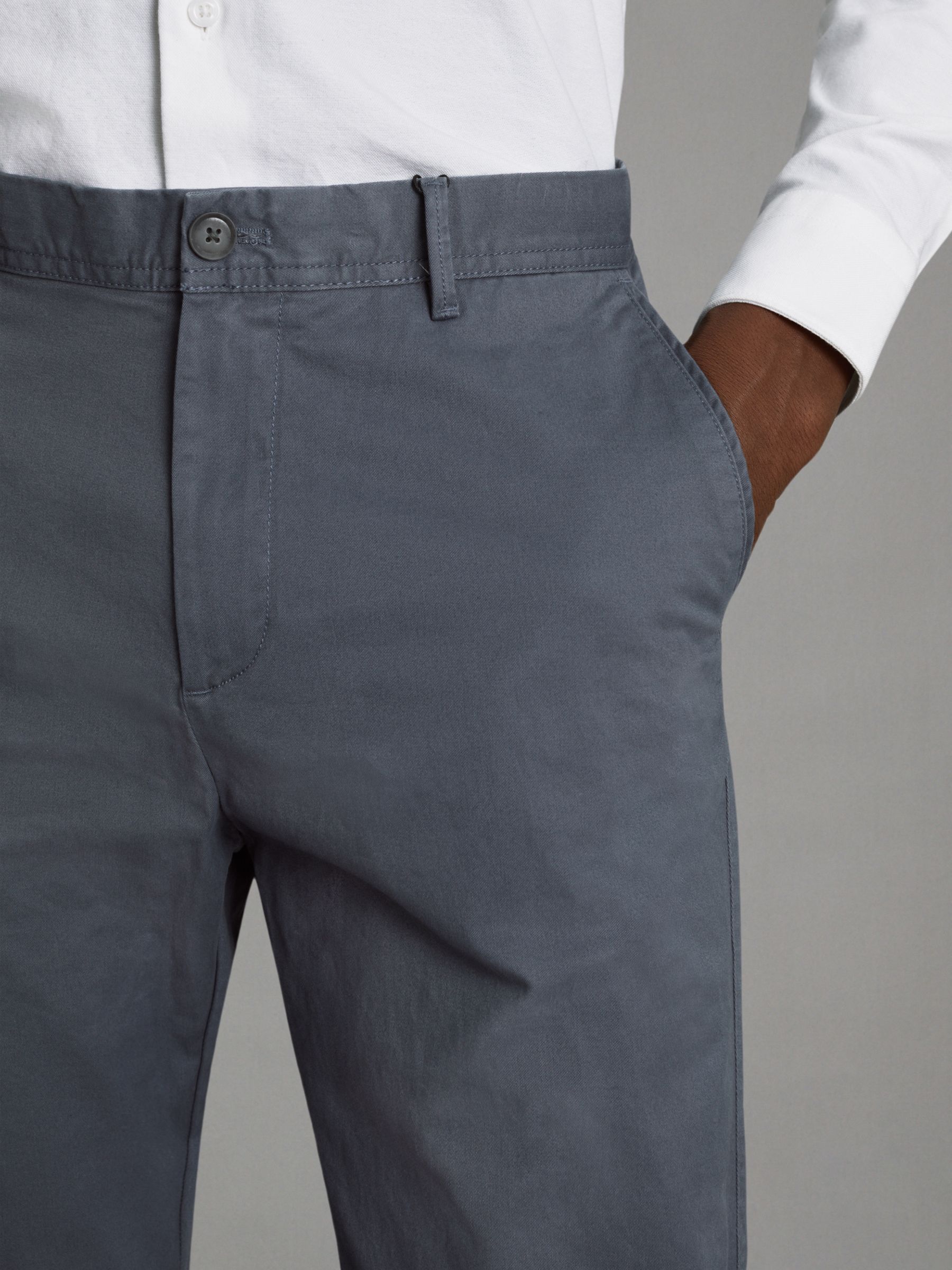 Slim Fit Washed Cotton Blend Chinos in Airforce Blue - REISS