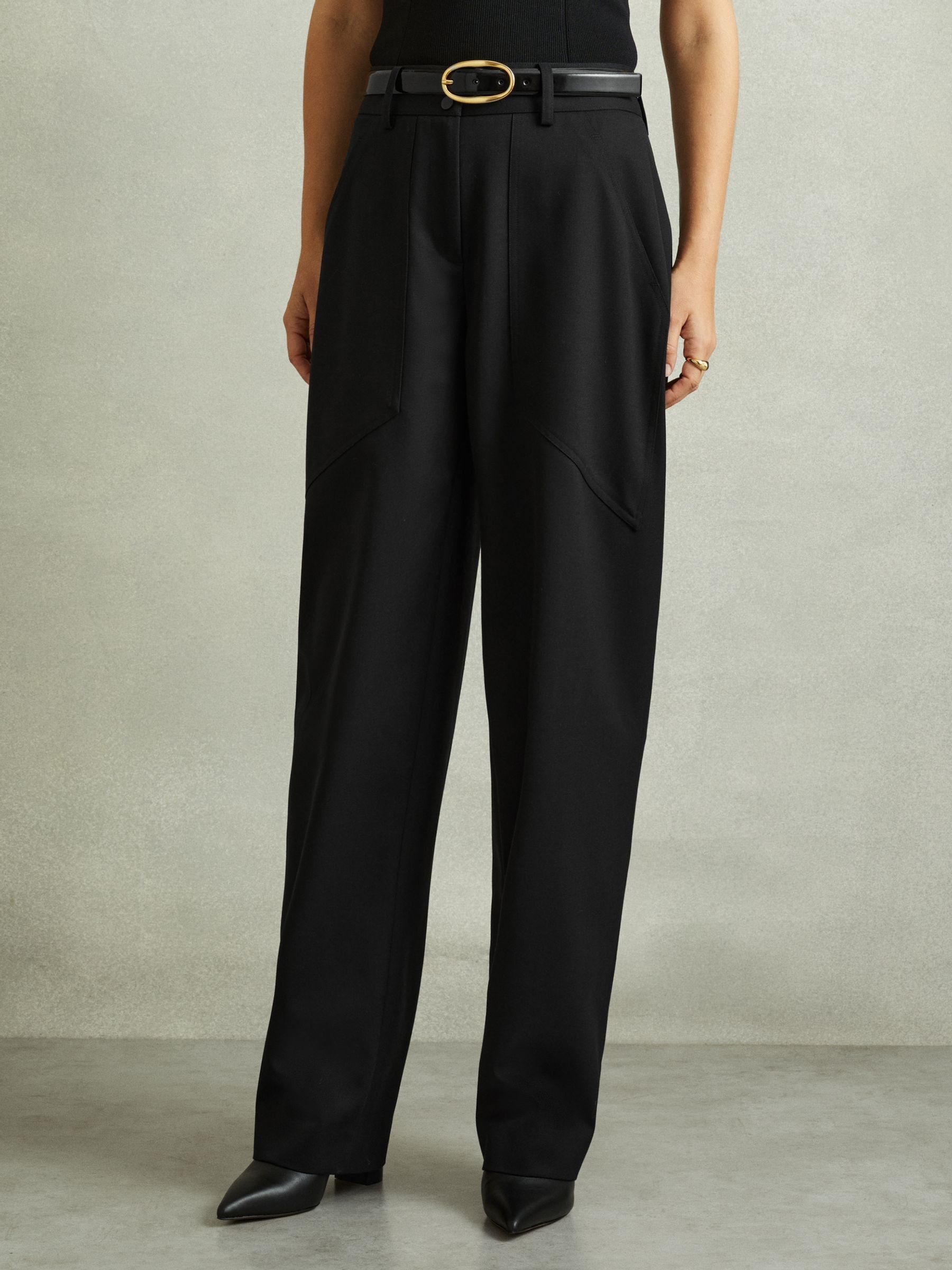 Reiss Black Zoe Wool Blend Barrel Leg Trousers