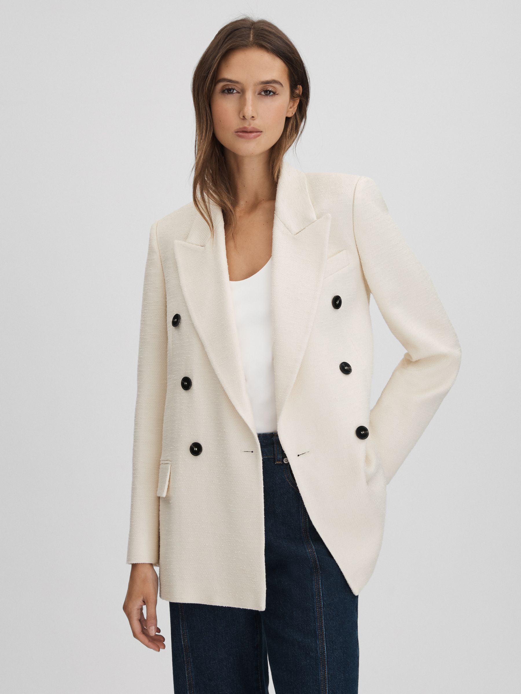 Textured Double Breasted Blazer in White - REISS