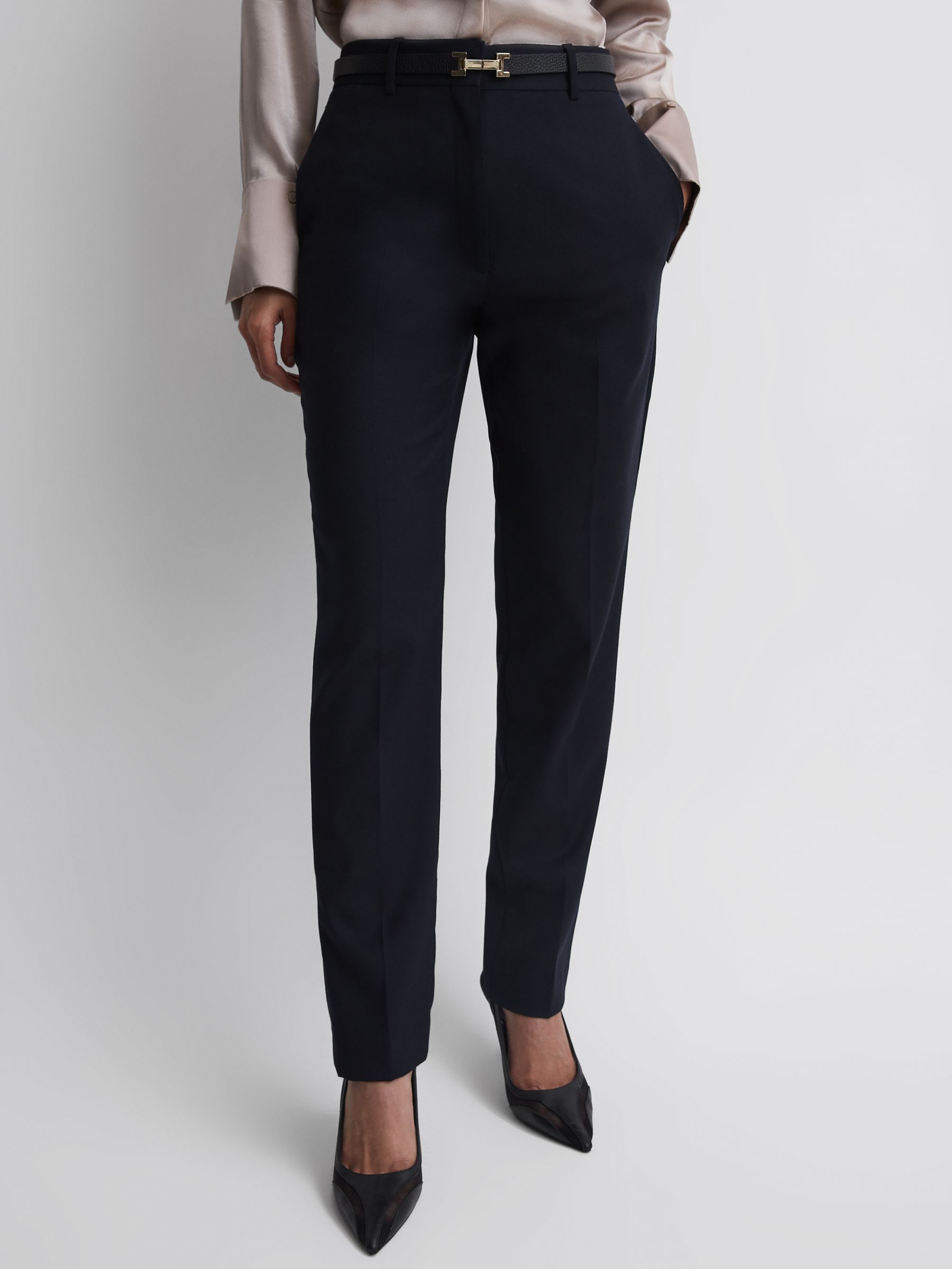Wool Blend Tapered Suit Trousers in Navy - REISS