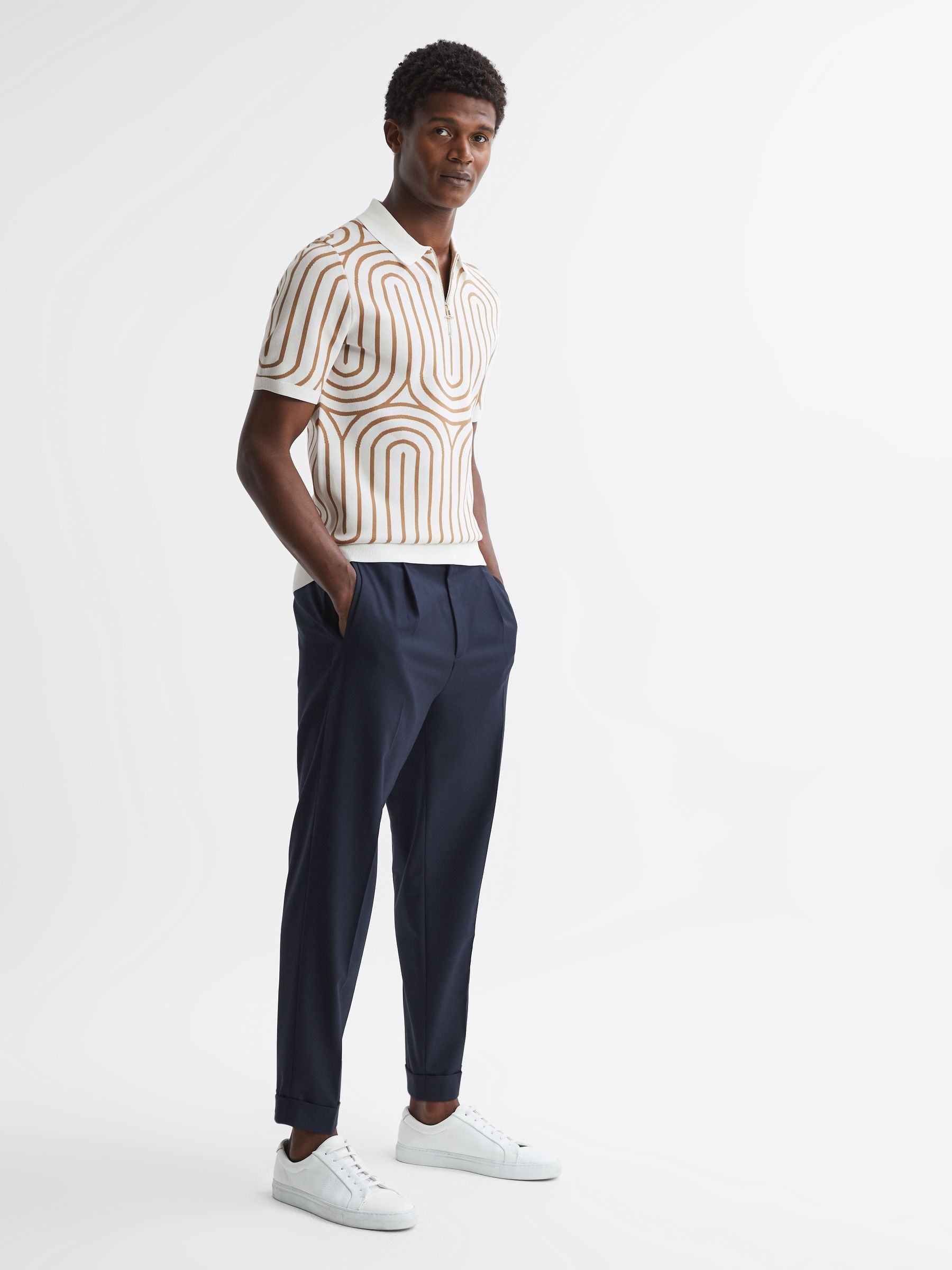 Half-Zip Striped Polo T-Shirt in White/Taupe - REISS