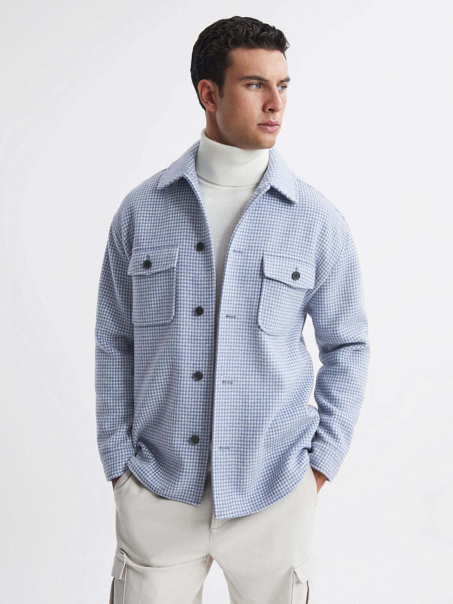 Houndstooth Button-Through Overshirt in Soft Blue/White - REISS