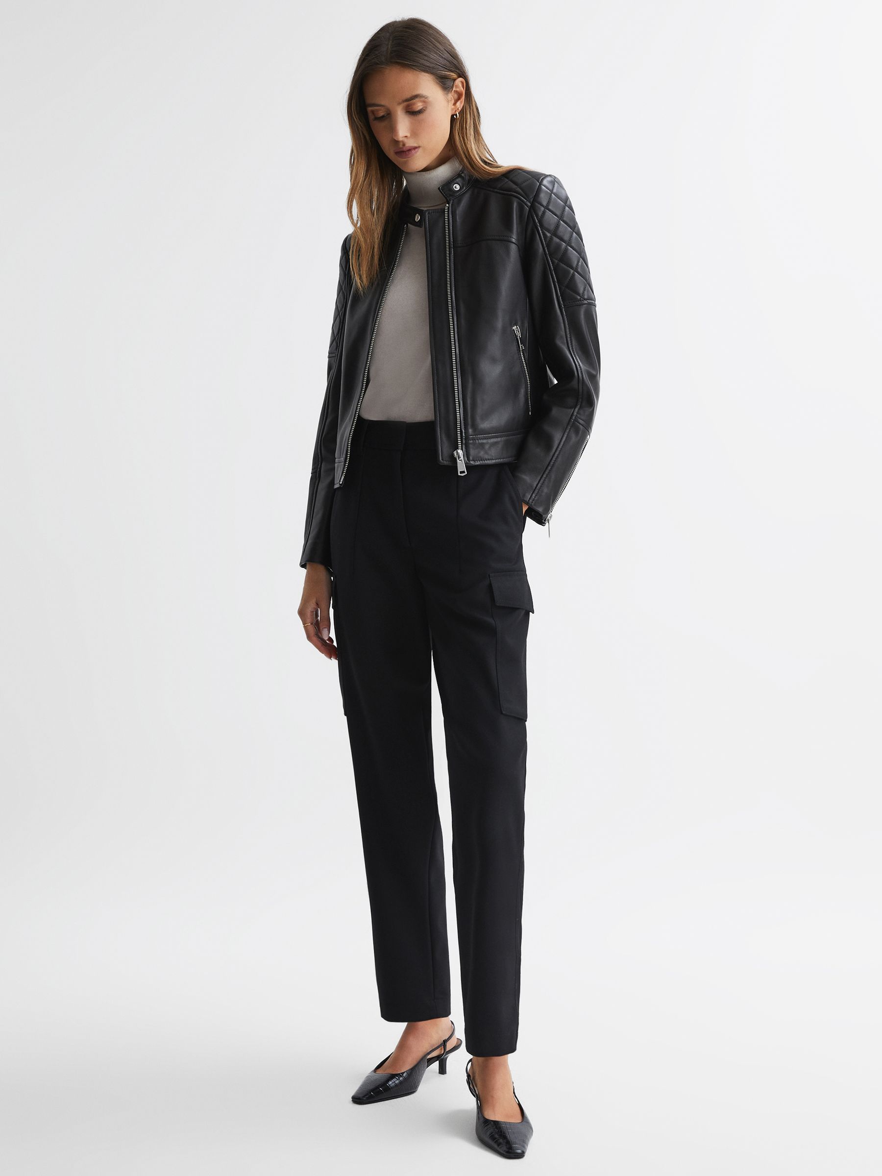 Leather Collarless Quilted Jacket in Black - REISS