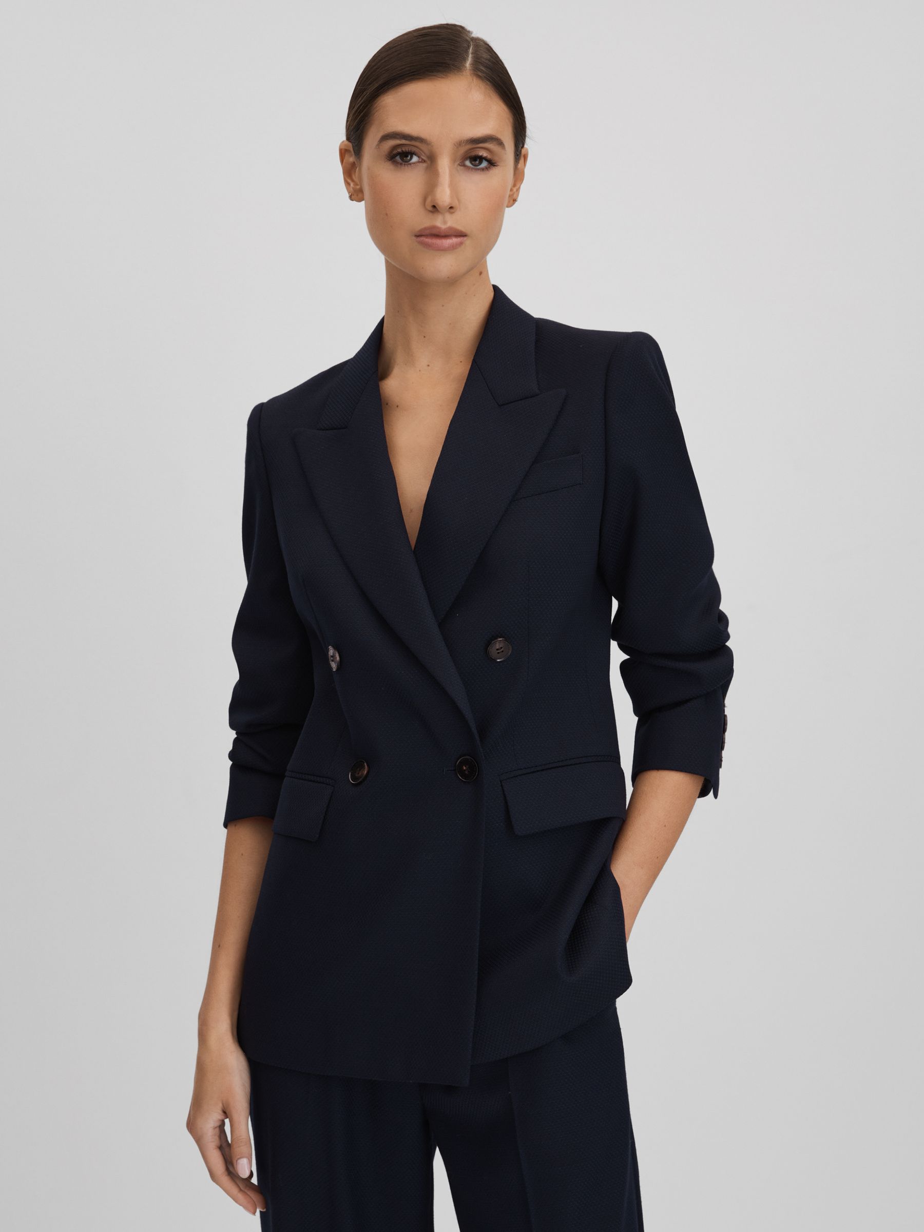 Wool Blend Double Breasted Suit Blazer in Navy - REISS