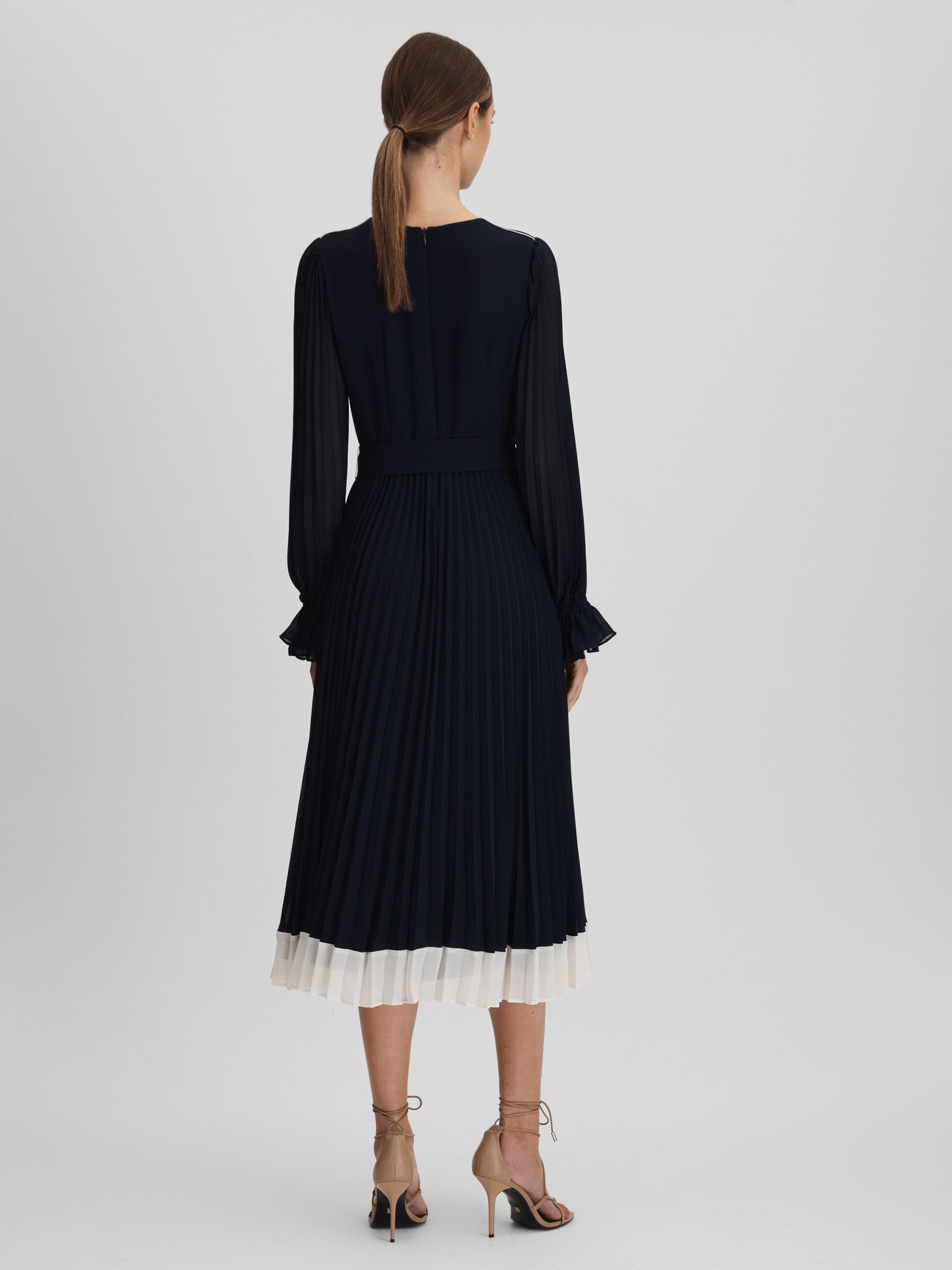 Reiss Navy/Cream Priya Pleated Belted Midi Dress