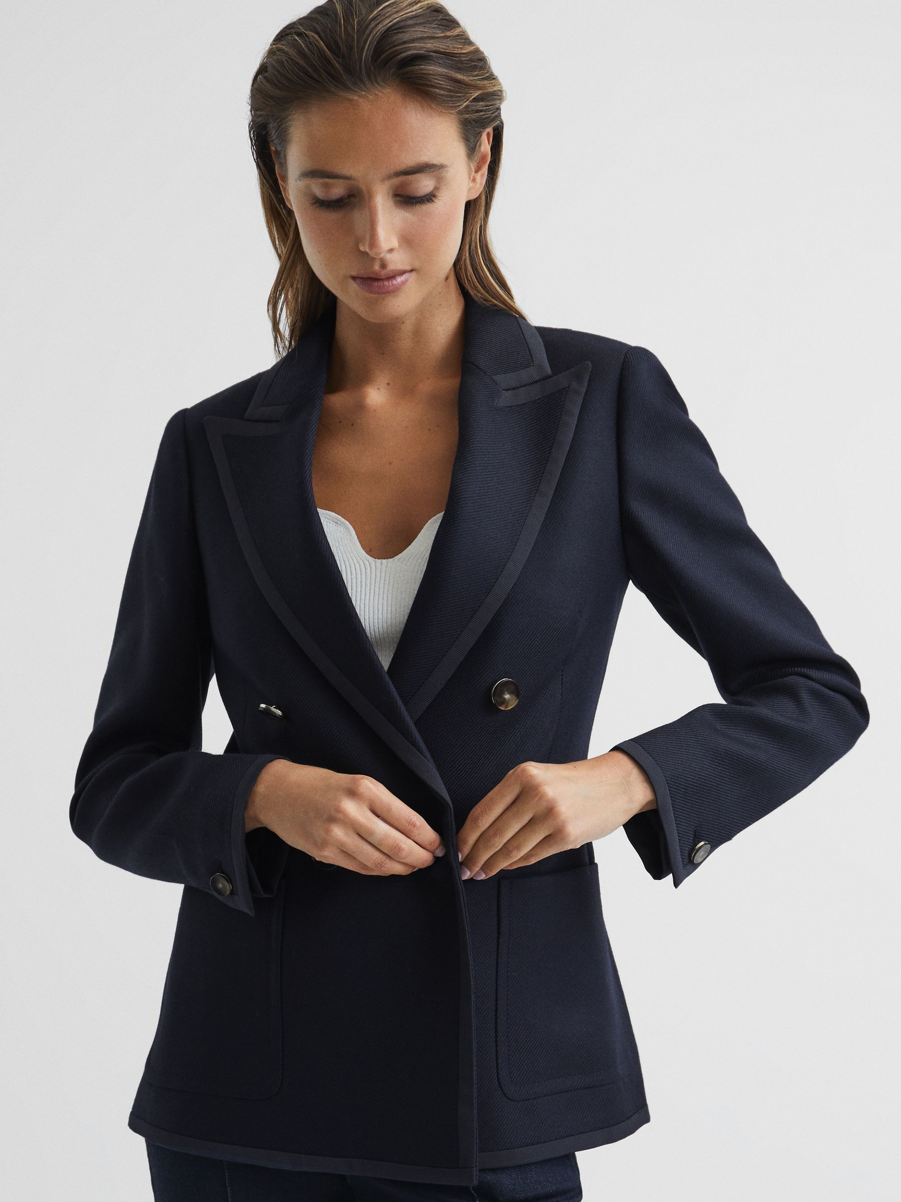 Double Breasted Twill Blazer in Navy - REISS