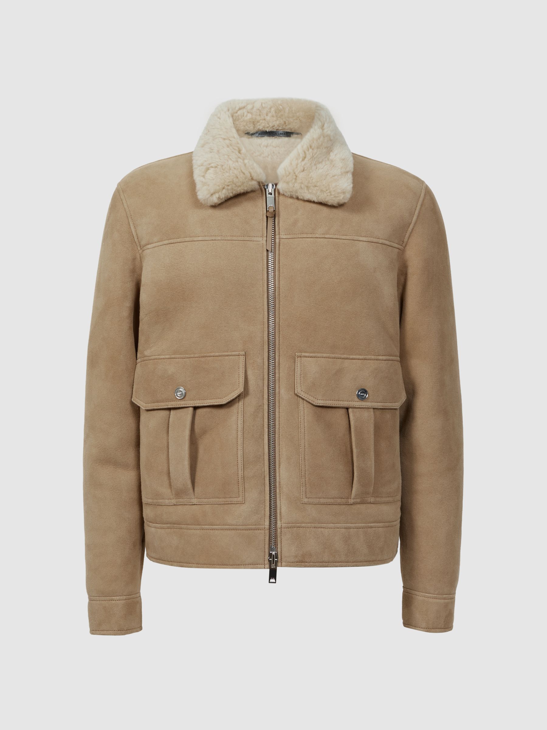 Reiss Stone Roseberry Suede Sheepskin Zip-Through Jacket