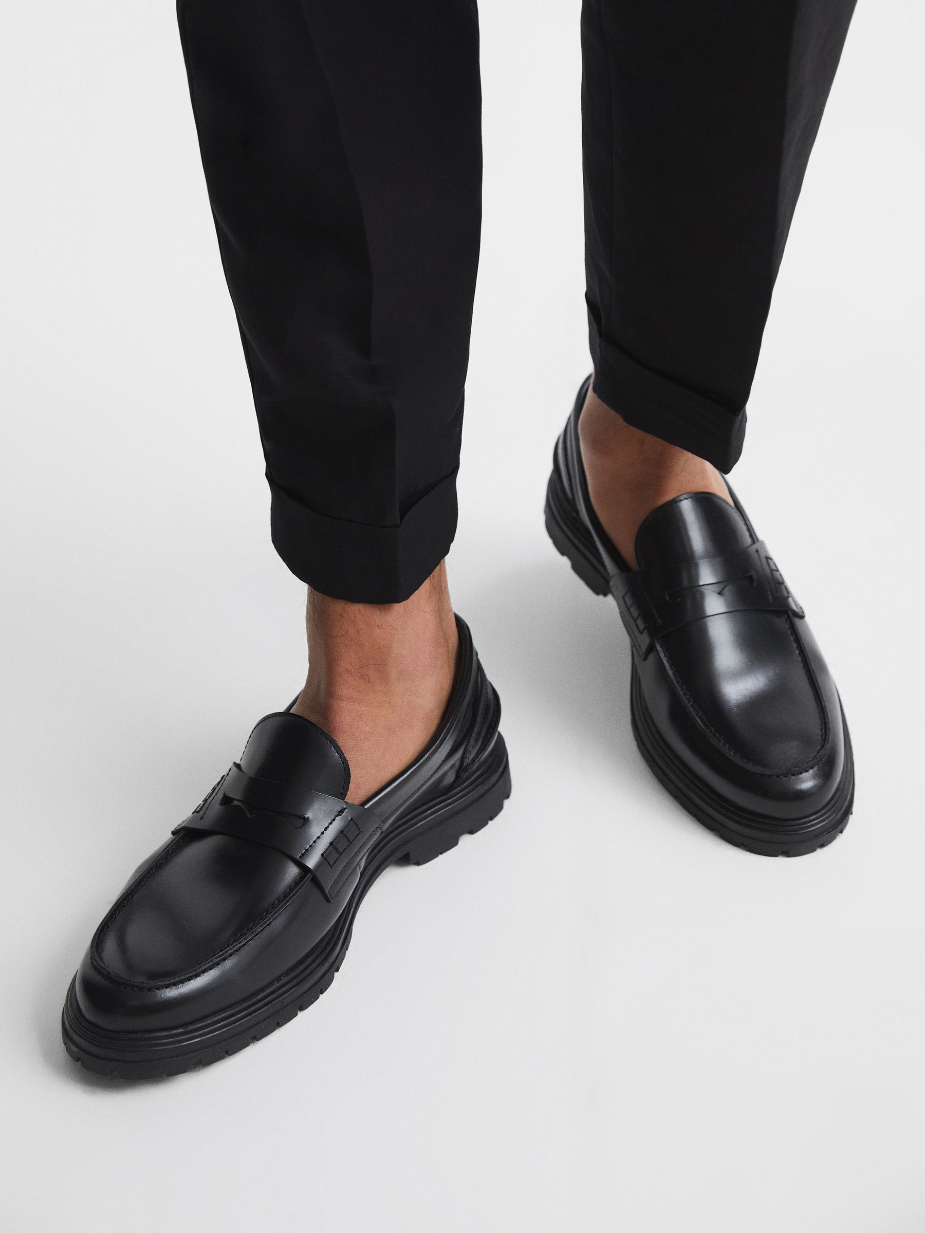 Casual Leather Loafers in Black - REISS