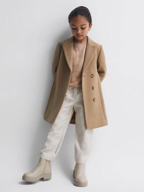 Junior Mid Length Wool Blend Coat in Camel