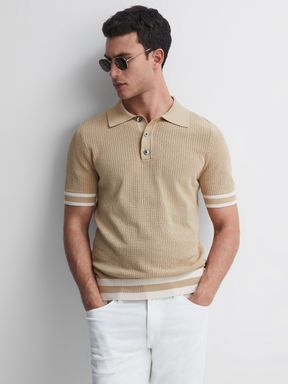 Reiss | Ché Knitted Half-Button Polo Shirt in Mink/Tobacco