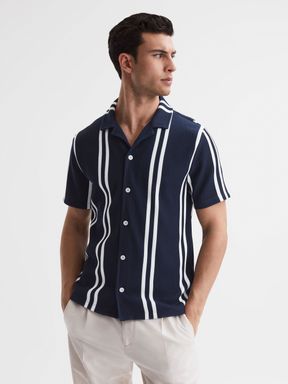 Slim Fit Ribbed Cuban Collar Shirt in Navy/White