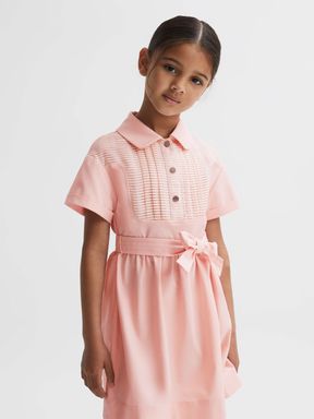 Junior Collared Belted Short Sleeve Dress in Pink