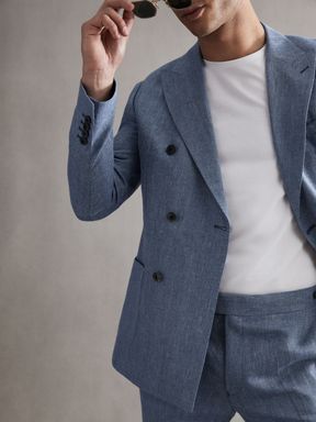 Slim Fit Double Breasted Linen Blazer in Chambray