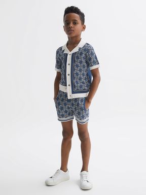 Junior Knitted Patterned Drawstring Shorts in Blue