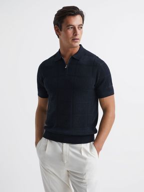 Half Zip Textured Polo Shirt in Navy