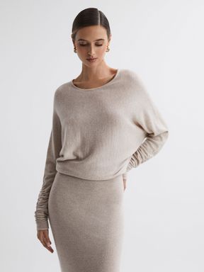 Petite Knitted Long Sleeve Midi Dress in Neutral