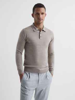 Merino Wool Polo Shirt in Wheat Melange