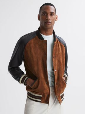 Suede Leather Bomber Jacket in Tobacco