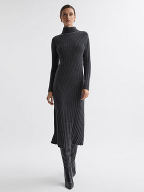 Fitted Knitted Midi Dress in Charcoal