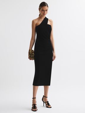 Velvet One-Shoulder Midi Dress in Black
