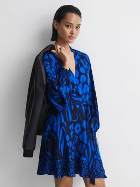 Printed Blouson Sleeve Dress in Blue/Navy