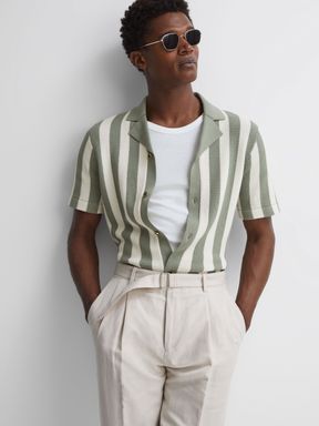 Reiss | Ché Crocheted Cuban Collar Button Through Shirt in Ecru/Sage