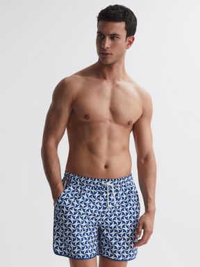 Reiss | Ché Printed Drawstring Swim Shorts in Bright Blue/White