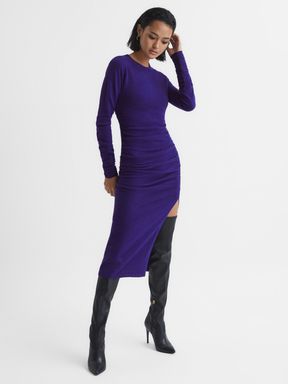 Ruched Midi Dress in Purple