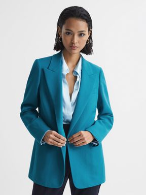 Slim Fit Single Breasted 100% Wool Blazer in Turquoise