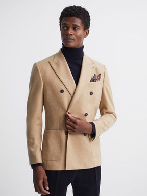Double Breasted Slim Fit Textured Blazer in Camel