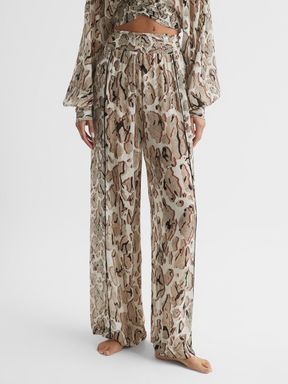 Printed Wide-Leg Trousers in Brown Print
