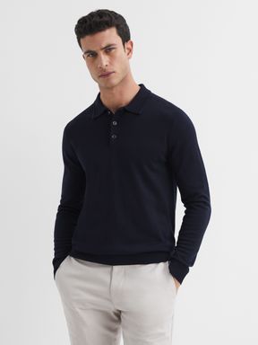 Merino Wool Polo Shirt in Navy