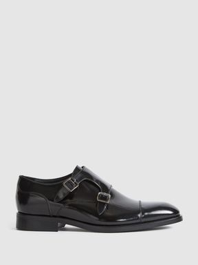 High Shine Leather Monk Strap Shoes in Black