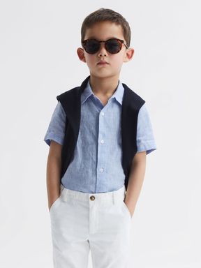 Junior Short Sleeve Linen Shirt in Soft Blue