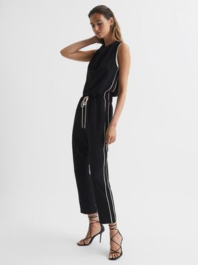 REISS Jumpsuit Faux Wrap Long Sleeve Straight Leg Pleated Round Neck Gray  10 holidayvillagekandlacom