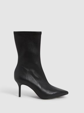Pointed Kitten Heel Leather Boots in Black