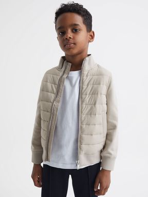 Junior Funnel Neck Quilted Hybrid Jacket in Stone