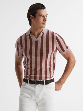 Short Sleeve Open Collar Chenille Polo Shirt in Rust