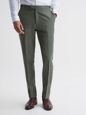 Slim Fit Wool Side Adjuster Trousers in Green
